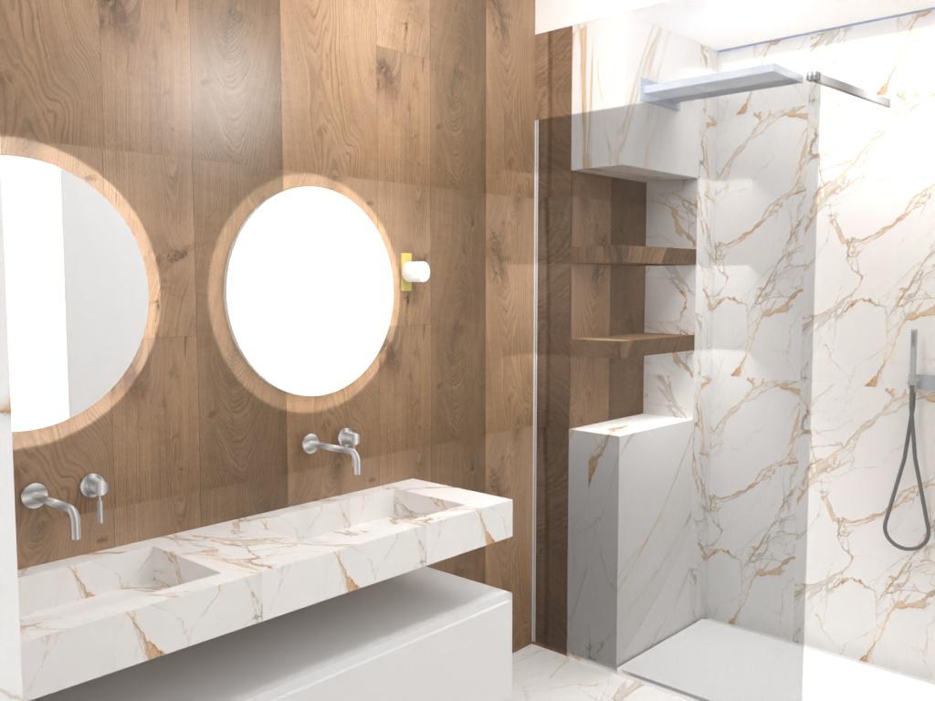 Render di progetto del bagno: marmo calacatta e specchi tondi retroilluminati